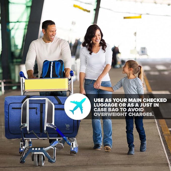 Bago Foldable Duffel Bags for Traveling Women & Men - 60L Medium Packable Duffle Bag for Travel with Shoe Compartment - Water Repellant, Heavy Duty, Lightweight Folding & Collapsible (SnowDepBlue)