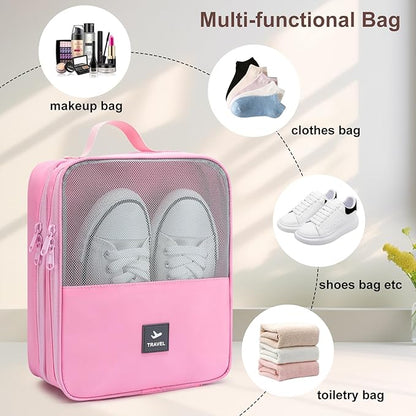 2 Layers Travel Shoe Bag, Portable Shoe Bags Hold 2 Pair Of Shoes, Water-Resistant Shoe Storage Pouch For Travel (Pink, 2 Pack)