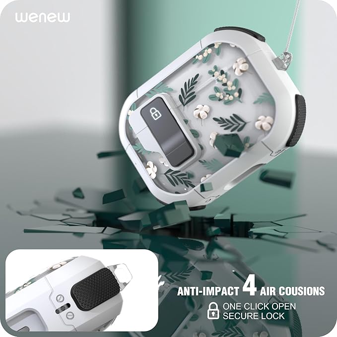 WENEW for AirPods Pro 3 Case (2025) Cover Secure Lock Automatic Snap Switch Clip Cleaner Kit Lanyard Women Stylish Flower Hard Shell Full Body Front LED Visible (Green Leaves, AirPods Pro 3)