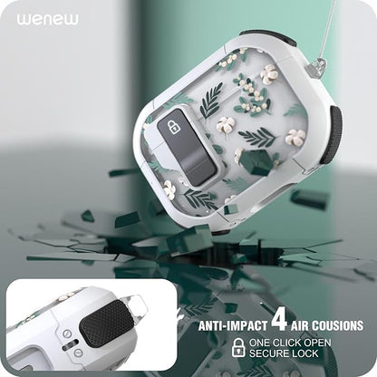 WENEW for AirPods Pro 3 Case (2025) Cover Secure Lock Automatic Snap Switch Clip Cleaner Kit Lanyard Women Stylish Flower Hard Shell Full Body Front LED Visible (Green Leaves, AirPods Pro 3)