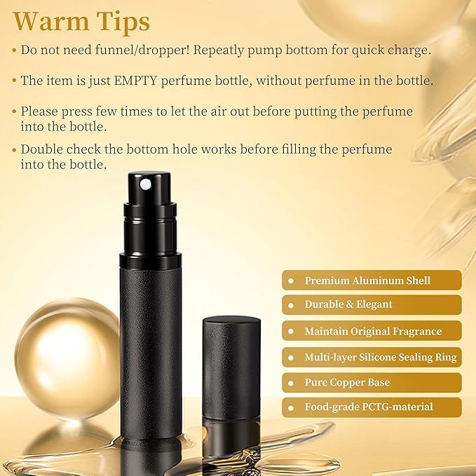2PCS Perfume Travel Refillable Bottle, Bottom-Filling Fragrances Perfume Atomizer, Empty Mini Cologne Dispenser, Portable Sprayer Pocket Size for On the Go 5ml (Black & Gray)