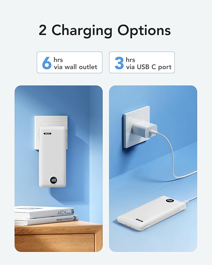 VRURC Portable Charger with Wall Plug, 10000mAh Slim Portable Charger Built in Cables,PD 20W Fast Charging Power Bank with Cords,USB C Portable Phone Charger Travel Accessories -White(1 Pack)