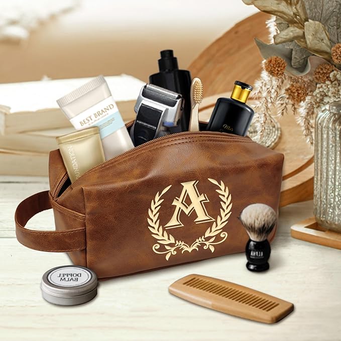 Mens Personalized Toiletry Bag Leather Waterproof Kit, Travel Shaving Bag for Men, Gifts for Christmas - DarkBrown(A)