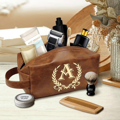 Mens Personalized Toiletry Bag Leather Waterproof Kit, Travel Shaving Bag for Men, Gifts for Christmas(A)