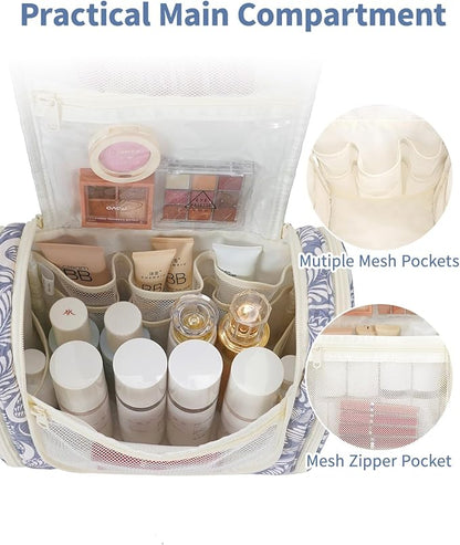 Narwey Hanging Toiletry Bag for Women Travel Makeup Bag Organizer Toiletries Bag Men for Cosmetics Essentials Accessories(Large, Blue Leaf)