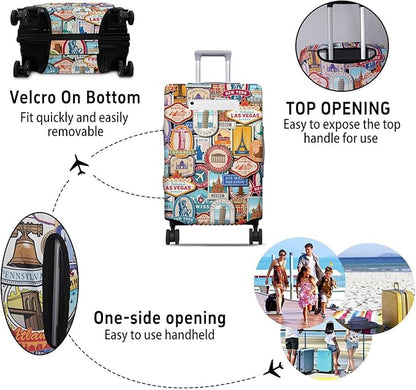 Landmark Sticker Travel Luggage Cover, Travel-Themed Suitcase Protector Stretchable, Washable Travel Suitcase Cover (XL for 29-32 Inch Luggage)