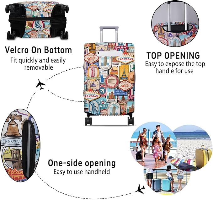 Landmark Sticker Travel Luggage Cover, Travel-Themed Suitcase Protector Stretchable, Washable Travel Suitcase Cover (S for 18-20 Inch Luggage)