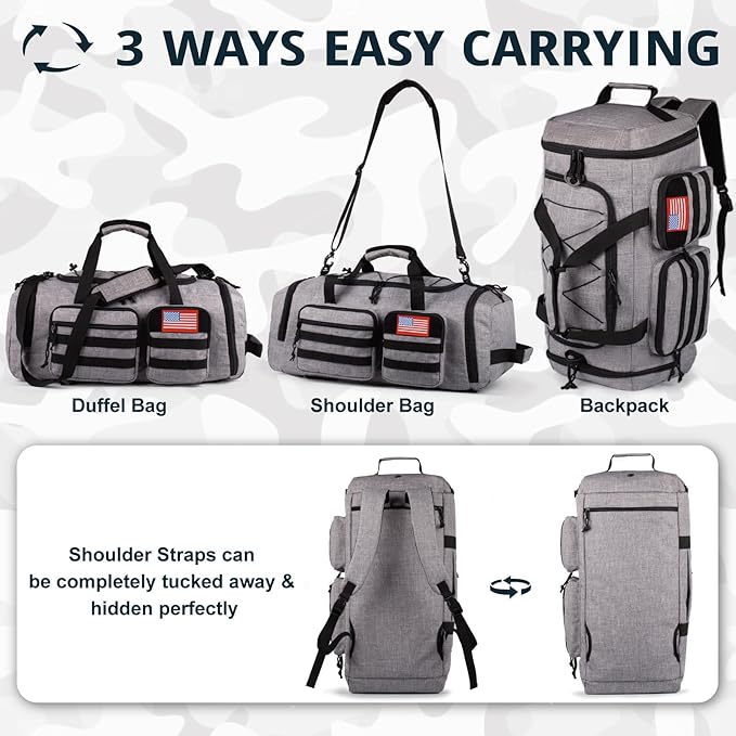 Tactical Gym Bag for Men，50L Large 3 in 1 Sports Duffle Bag with Shoes Compartment for Travel,Water Resistant Travel Backpack Weekender Overnight Bag with Wet Pocket for Women