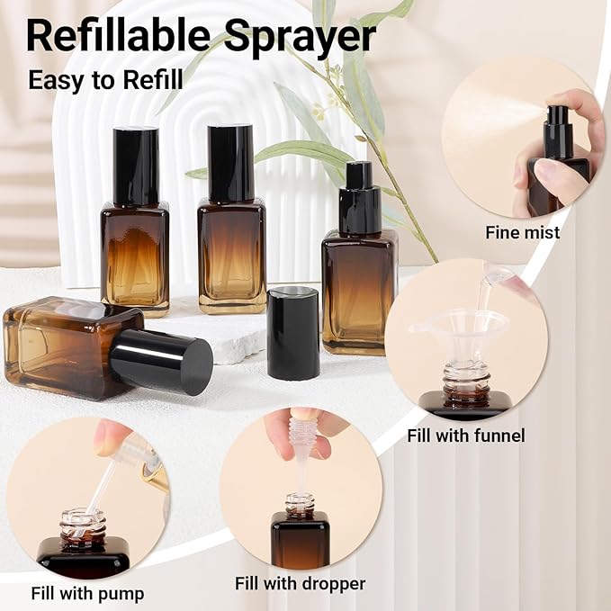 Segbeauty 1oz Small Amber Glass Spray Bottle Refillable, 4pcs Fine Mist Empty Glass Travel Bottles for Toiletries Liquid Containers, 30ml Travel Size Mini Spray Bottle Atomizer Sprayer for Perfume