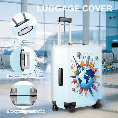 Luggage Cover - World Travel Themed Suitcase Protector with Iconic Landmarks and Hot Air Balloons - Durable, Elastic, and Stylish Design for Travel Bags,M