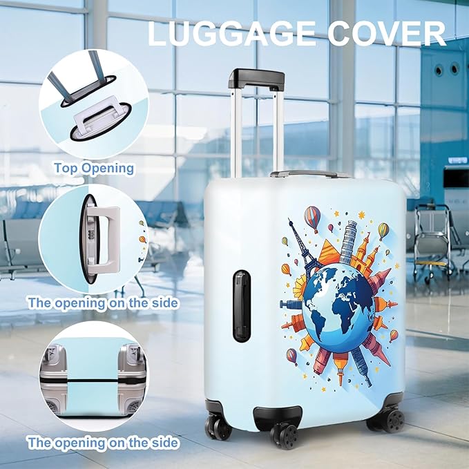 Luggage Cover - World Travel Themed Suitcase Protector with Iconic Landmarks and Hot Air Balloons Tsa Approved- Durable, Elastic, and Stylish Design for Travel Bags,L