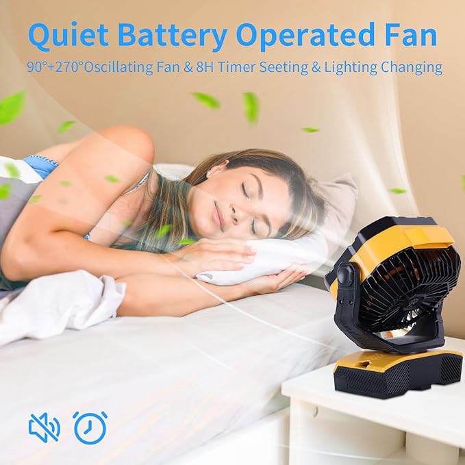 Camping Fan 20000mAh Rechargeable Battery Operated fan Outdoor Tent Fan with Light & Hook 270° Pivot, knob Speeds, Personal fan USB Desk Fan for Camping Power Outage Yellow X68