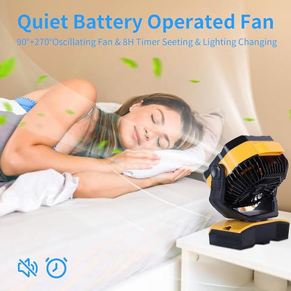 Camping Fan 20000mAh Rechargeable Battery Operated fan Outdoor Tent Fan with Light & Hook 270° Pivot, knob Speeds, Personal fan USB Desk Fan for Camping Power Outage Yellow X68