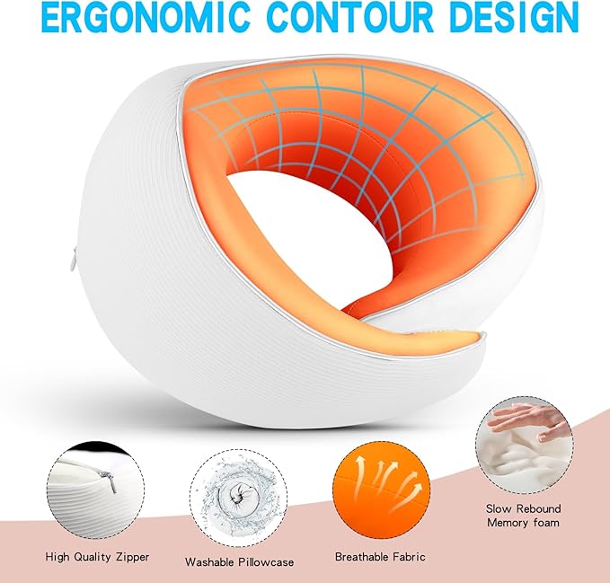Adjustable Memory Foam White U-Shaped Travel Pillow with Luxurious Knitted Cotton Cover, Slow-Rebound Design for Airplane Travel and Neck Comfort, Perfect Traveler Gift