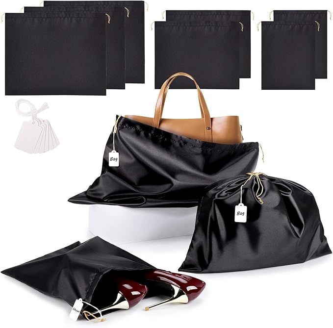 Ewen 7Pcs Dust Bags for Handbags, Silk Cloth Bag with Drawstring, 2Pack 11.8x15.7in Storage for Shoes, 2Pcs 19.6x15.7in Dust Bag, Pack of 3 23.6x19.6in Bags for Purse, Black Satin Travel Storage Pouch