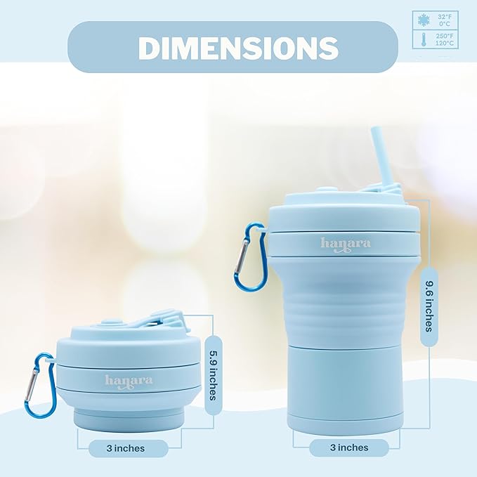HANARA Collapsible Cup with Reusable Straw – 18 Oz (550 Ml), Portable Travel Mug, BPA-Free, Leak-Proof, Microwave & Dishwasher Safe, Multi-Purpose for Hot & Cold Drinks – Sky Blue