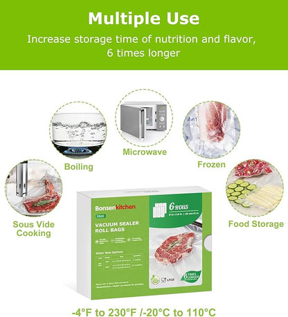 [2025 Upgraded] Bonsenkitchen 6 Rolls 8" x 16' Vacuum Sealer Bags for Food with a Color Box, Easy to Store, Commercial Grade, BPA Free, Great for Food Storage or Sous Vide, VB20