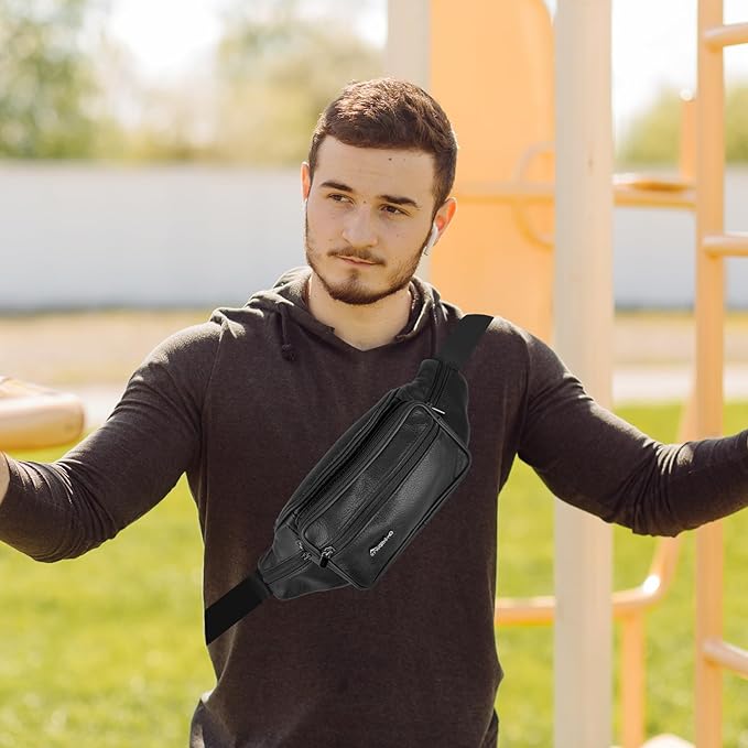 Leather Fanny Pack for Men Women,Genuine Leather Waist Belt Bag with Adjustable Strap Belt Hip Bag with Multi-Pockets for Travel Sports Running Cycling Hiking(Black)