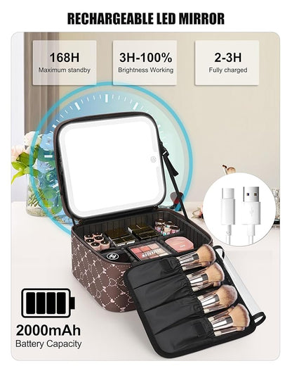 Relavel Travel Makeup Bag With LED Mirror, Portable Cosmetic Organizer Bag with Adjustable Brightness in 3 Color Scenarios, Small Train Case with Detachable Dividers for Trip- Brown Bowknot