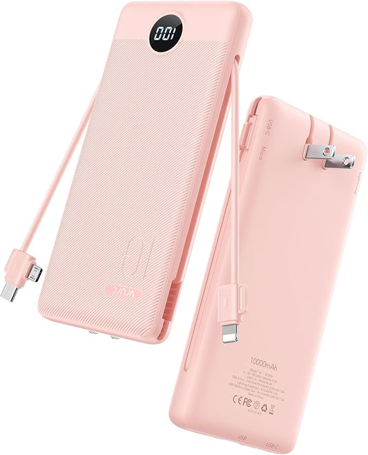 VRURC Portable Charger Power Bank with Wall Plug, 10000mAh Portable Charger with Built in Cables, PD 20W Fast Charging Portable Charger with Cords External Charger Travel Accessories-Pink(1 Pack)