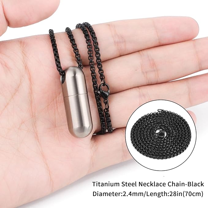 TISUR Titanium Pill Case with 28'' Necklace Chain,Micro Keychain Pill Holder.Waterproof Pill Fob for Emergency Aspirin & Nitroglycerin for Travel Purse Pocket