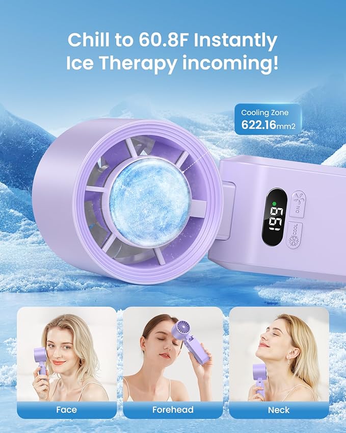 2 Pack Handheld Portable Turbo Fan with Ice Cooler, Speed (1-199) 5500mAh*2 Rechargeable Personal Fan,[20H Cooling Time] Mini Yet Powerful, Small Pocket Fans for Travel/Outdoor/Office, Purple
