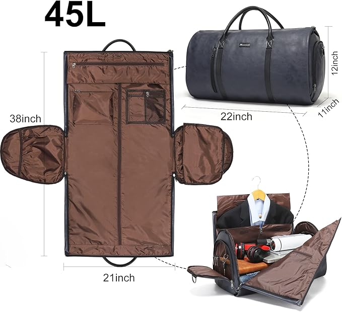Modoker Convertible Leather Garment Bag, Carry on Garment Bags for Travel, Garment Duffel Bag, Gifts for Men Women Business Waterproof Suitcase Suit Travel Bags, Blue