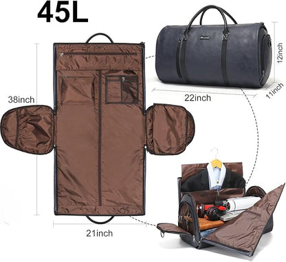 Modoker Convertible Leather Garment Bag, Carry on Garment Bags for Travel, Garment Duffel Bag, Gifts for Men Women Business Waterproof Suitcase Suit Travel Bags, Blue