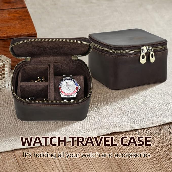 CONTACTS Crazy Horse Leather Watch Case and Cufflink Storage Box for Men Small Travel Zipper Jewelry Accessory Organizer