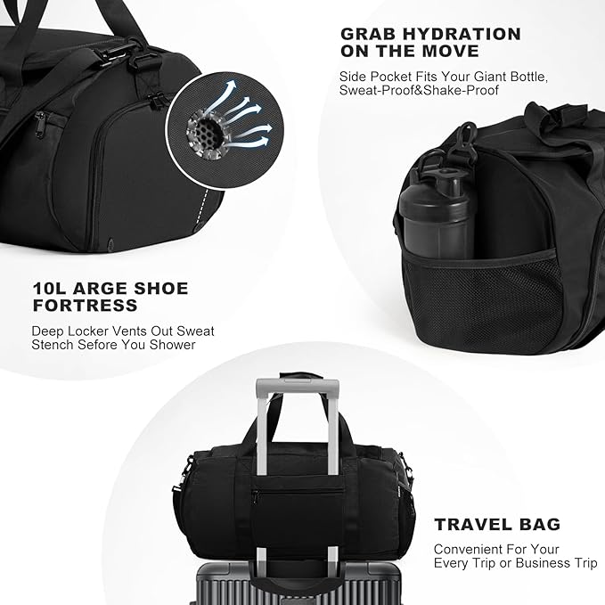 Gym Bag for Men Women With Shoe Compartment & Wet PocketWater Resistant Sports Gym Bag 、shoulder bag、messenger bag Carry On Duffel Bag forWeekend Overnight Traveling (black)