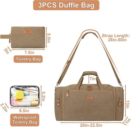 Canvas Mens Duffle Bag for Travel - Expandable 50L Weekender Bags with Toiletry Bag, Overnight Bag Travel Duffel Carry On Luggage with Removable Shoulder Strap, Durable & Water-Resistant