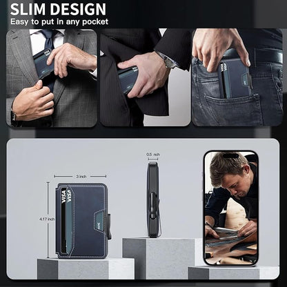 Wallet for Men, Mens Wallet Minimalist Slim Wallet, RFID Blocking Smart Pop Up Wallet with Money Clip & ID Window, Metal Compact Wallet, Aluminum Credit Card Holder Wallet