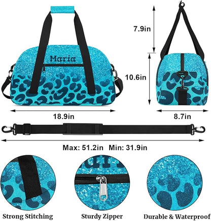 Personalized Kids Sports Duffel Bag with Name Custom Weekender Overnight Bag for Boys Girls Gym Bag Travel Dance Gymnastics Duffel Bag, Blue Glitter Leopard Print