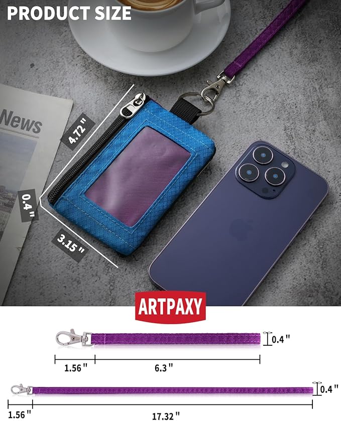 Minimalist Wallet For Mens Womens, Keychain RFID Blocking Zipper Small Wallet with ID Window 2 Lanyards,Water Resistant Travel Cash Card Coin Case Boys Girls