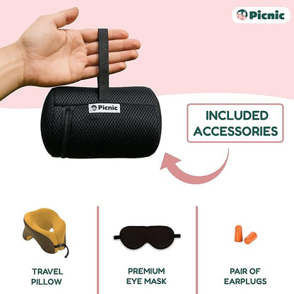 Picnic Neck Pillow for Traveling | 100% Pure Memory Foam Travel Pillow for Airplanes, Car & Office | Ergonomic Support with Adjustable Clasp, Eye Mask & Compact Travel Bag | Perfect for Relaxation