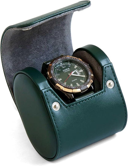 Travel Case, Premium Leather Single Watch Case, Variable Size Pillow Design, Portable Storage Box for Men and Women, Green Roll Organizer With Faux Suede Fabric Lining