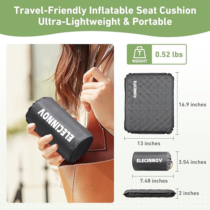 Inflatable Seat Cushion, Self Inflating Memory Foam Stadium Seat Cushion Lightweight Camping Chair Pad Airplane Cushion for Long Flights Outdoor Travel Bleacher Office Car Backpacking (Grey)