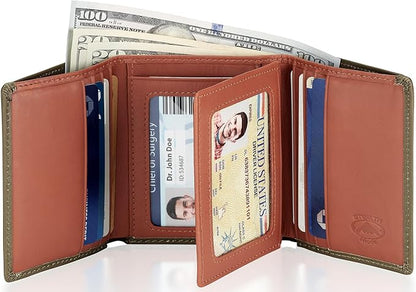 Stealth Mode Leather Trifold RFID Wallet For Men With Flip Out ID Holder (Camo)