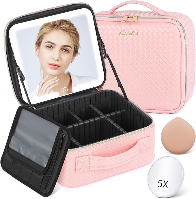 Travel Makeup Bag with Led Mirror Make up Case with Lighted Mirror Cosmetic Organizer bag with Adjustable Dividers and 5X Magnifying Mirror Makeup Box Vanity Case for Women
