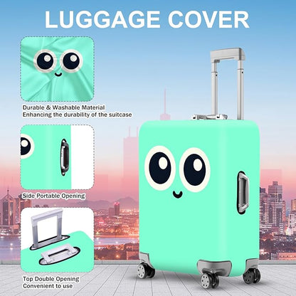 ANNA QUEEN Cute Smiley Face Luggage Cover, Mint Cartoon Suitcase Protector with Big Eyes Design, Stretchable, Washable Travel Cover for 32-34 Inch Luggage