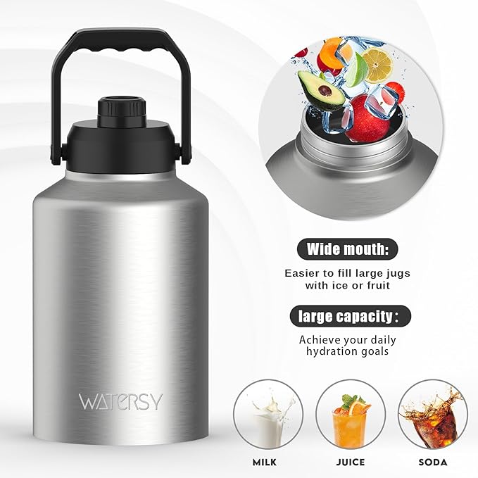 WATERSY 1 Gallon Water Bottle Insulated(Cold for 48 Hrs),BPA Free&Leak Proof,128oz Stainless Steel Water Jug,Big thermo,Large Water Bottle with Handle for Gym,Hiking,Camping&Travel,Stainless