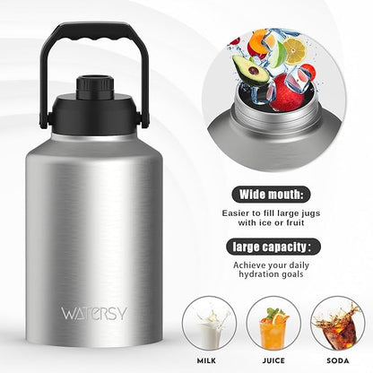 WATERSY 1 Gallon Water Bottle Insulated(Cold for 48 Hrs),BPA Free&Leak Proof,128oz Stainless Steel Water Jug,Big thermo,Large Water Bottle with Handle for Gym,Hiking,Camping&Travel,Stainless
