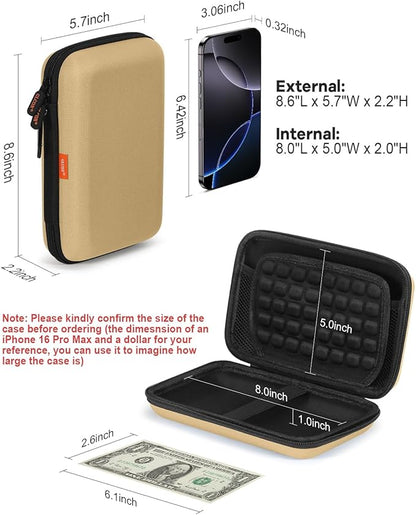 Kakhi-Brown Hard Shell Carrying Case for External Hard Drive, Power Bank, Charger, Cable, Cell Phone, Electronic Accessories - Larger Capacity Storage Pouch Shockproof Travel Case Bag for Men Women