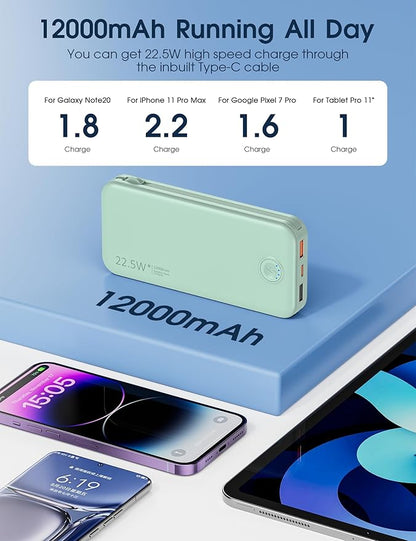 22.5W Super Fast Charging Portable Charger with Wall Plug,12000mAh USB-C Power Bank Built-in 2 Cable, Lightweight Phone Charger Travel Battery Pack for All iPhone, Samsung, Tablets