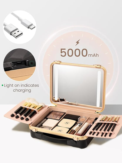 ROWNYEON Travel Makeup Case With Light Up Mirror Portable Train Case Organizer Make up Box for Girls Makeup Artist Hairstylist Casewith 5x Mirror Black