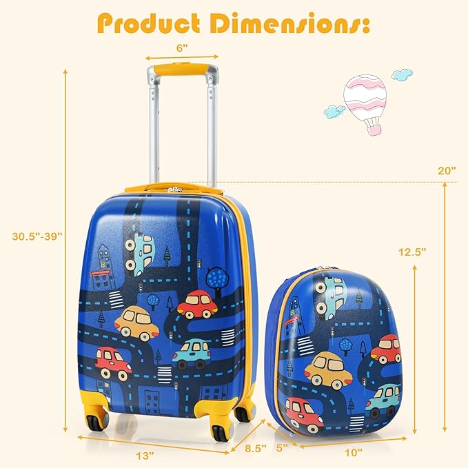 Goplus Kids Luggage Set, 12" & 18" Kids Carry On Luggage Set, Multi-directional Wheels Suitcase, Large Capacity Rolling Trolley Suitcase, Gift for Boys and Girls Toddlers Children Travel