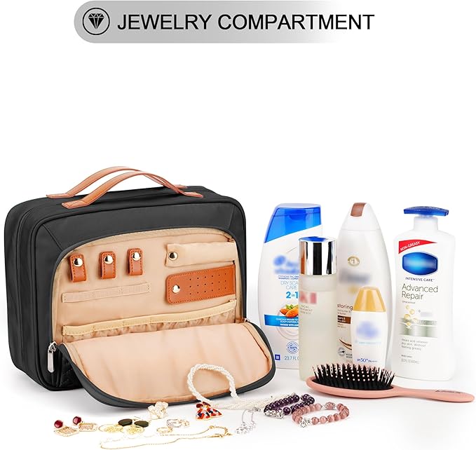 Travel Hanging Toiletry Bag for Women and Men, with 8 Leak Proofing Silicone Bottle Covers, Waterproof Makeup Accessories, Cosmetic Essentials, Cruise Ship Toiletries Bag with Jewelry Organizer, Black