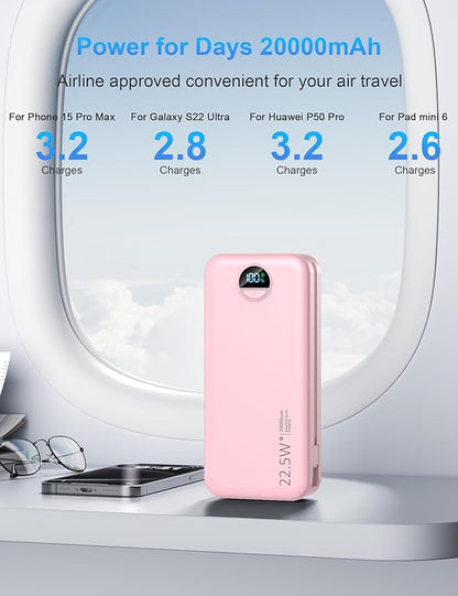 Portable Charger with Wall Plug, 20000mAh USB C Power Bank Fast Charging, External Battery Pack with Built in Cables, Digital Display, 5 Output 2 Input for iPhone Android Cell Phone Tablet