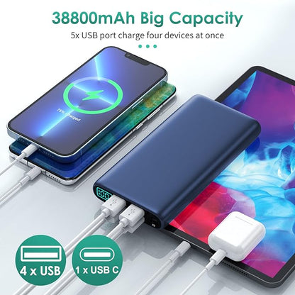 Portable Charger 38800mAh,LCD Display Power Bank,5 USB Outputs Battery Pack Backup, USB-C 3A in&out Travel Essential Portable Phone Charger For iPhone 17/16/15/14/13 Pro/12,Android Samsung Galaxy-Blue
