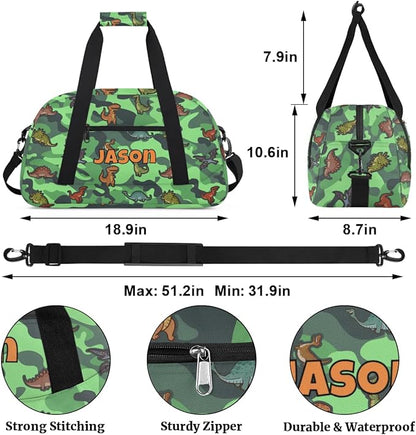 Personalized Duffel Bag for Kids Girls Boys, Cartoon Dinosaurs Custom Name Gym Bag Overnight with Padded Handles Carry On Weekend Sports Travel Bag for School Practice Gymnastics Ballet